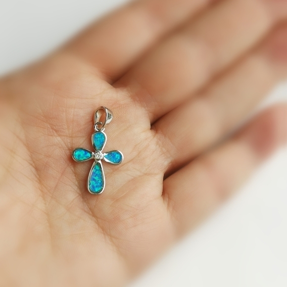 Blue opal cross pendant for necklace with cz accent in Sterling Silver 🆕 - Picture 3 of 5